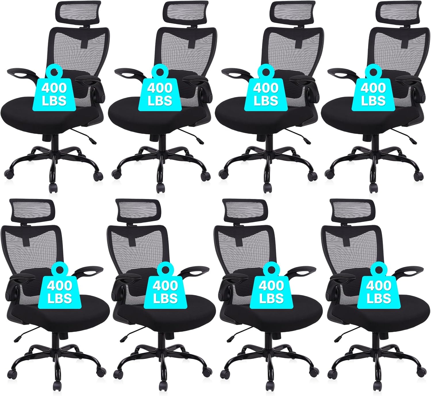 CLATINA Heavy Duty Ergonomic Mesh Office Chair 400LBS, Big and Tall Desk Chair with Adjustable Lumbar Support & Headrest, Flip Up Padded Arms, High Back Computer Chair for Home Office, Black, 8 Pack