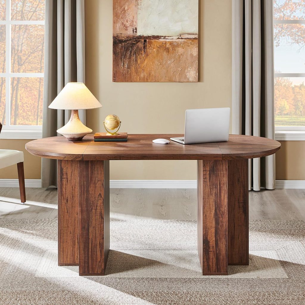 OKD 63 Inch Modern Wood Oval Dining Table for 4-6, Dining Room Table with Stable T-Shaped Base & Metal Frame & Thick Tabletop, Sturdy Kitchen Table for Dinner Room, Kitchen, Rustic Walnut