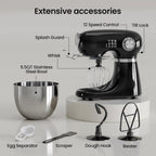Kismile 5.5QT Tilt-Head Stand Mixer, 12-Speed Electric Mixer with 304 Stainless Steel Bowl - Includes Whisk, Dough Hook, Beater for Baking Bread, Cakes, Cookies (Light Black)