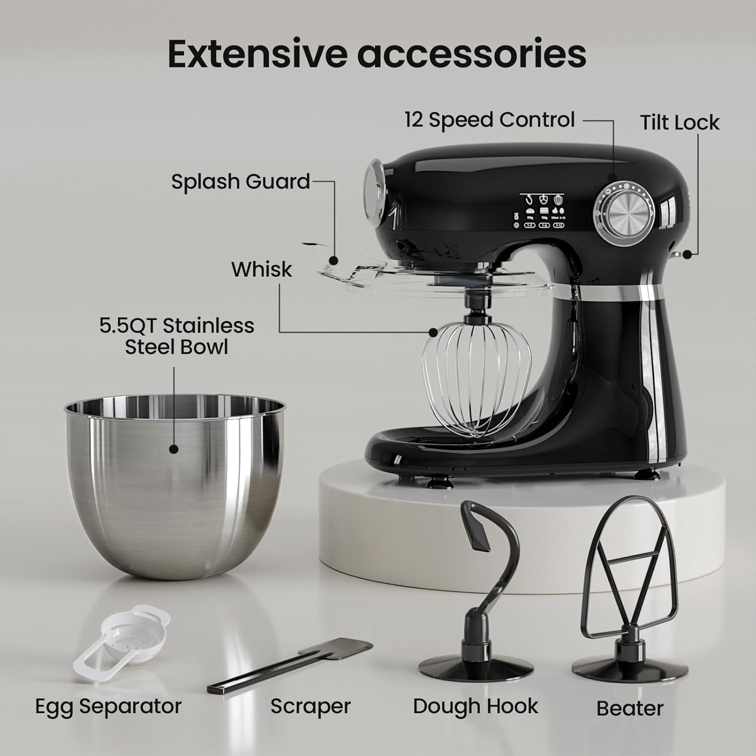 Kismile 5.5QT Tilt-Head Stand Mixer, 12-Speed Electric Mixer with 304 Stainless Steel Bowl - Includes Whisk, Dough Hook, Beater for Baking Bread, Cakes, Cookies (Light Black)