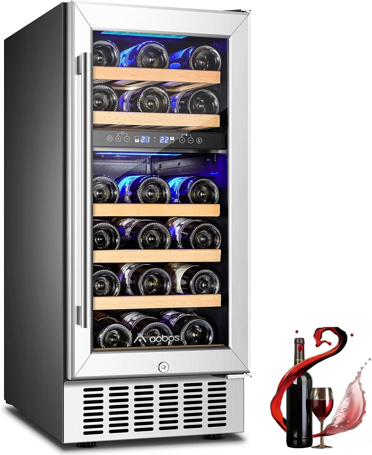 AAOBOSI 15 inch Dual Zone Wine Fridge, 28 Bottles Built-in or Freestanding Fridge,41-64°F Wine Cooler with Professional Compressor .Low Noise and No Fog