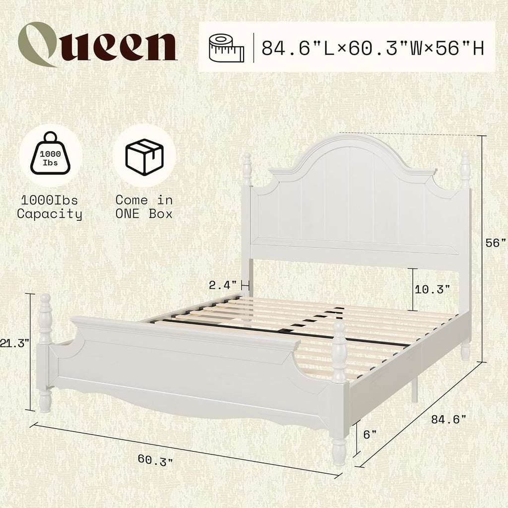 AMERLIFE Solid Wood Queen Bed Frame with 56" Arched Headboard, Traditional Poster Bed with Wooden Slats Support, No Box Spring Needed, Easy Assembly, White