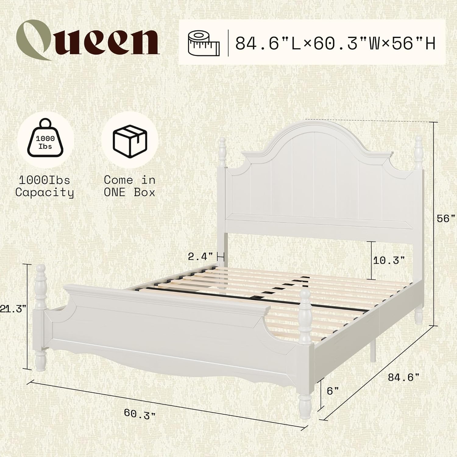 AMERLIFE Solid Wood Queen Bed Frame with 56" Arched Headboard, Traditional Poster Bed with Wooden Slats Support, No Box Spring Needed, Easy Assembly, White