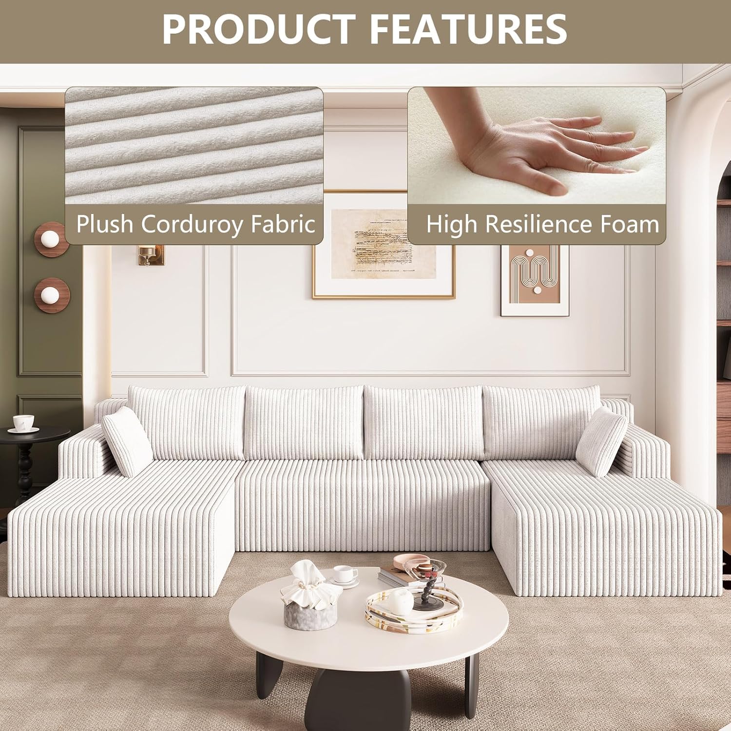 124" U Shaped Cloud Couch Sectional, Corduroy Upholstered 4-Seater Cloud Couches for Living Room, Deep Seat Modular Boneless Sofa with Lounge Chaise, No Assembly Required, White