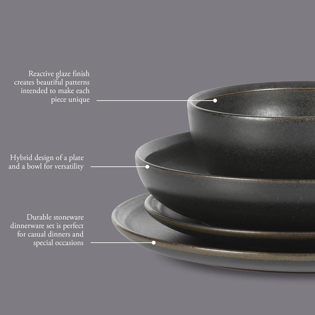 Gibson Elite Beckett Stoneware Matte Reactive Glaze 16 Piece (Service for 4) Plates and Bowls Dinnerware Set - Black