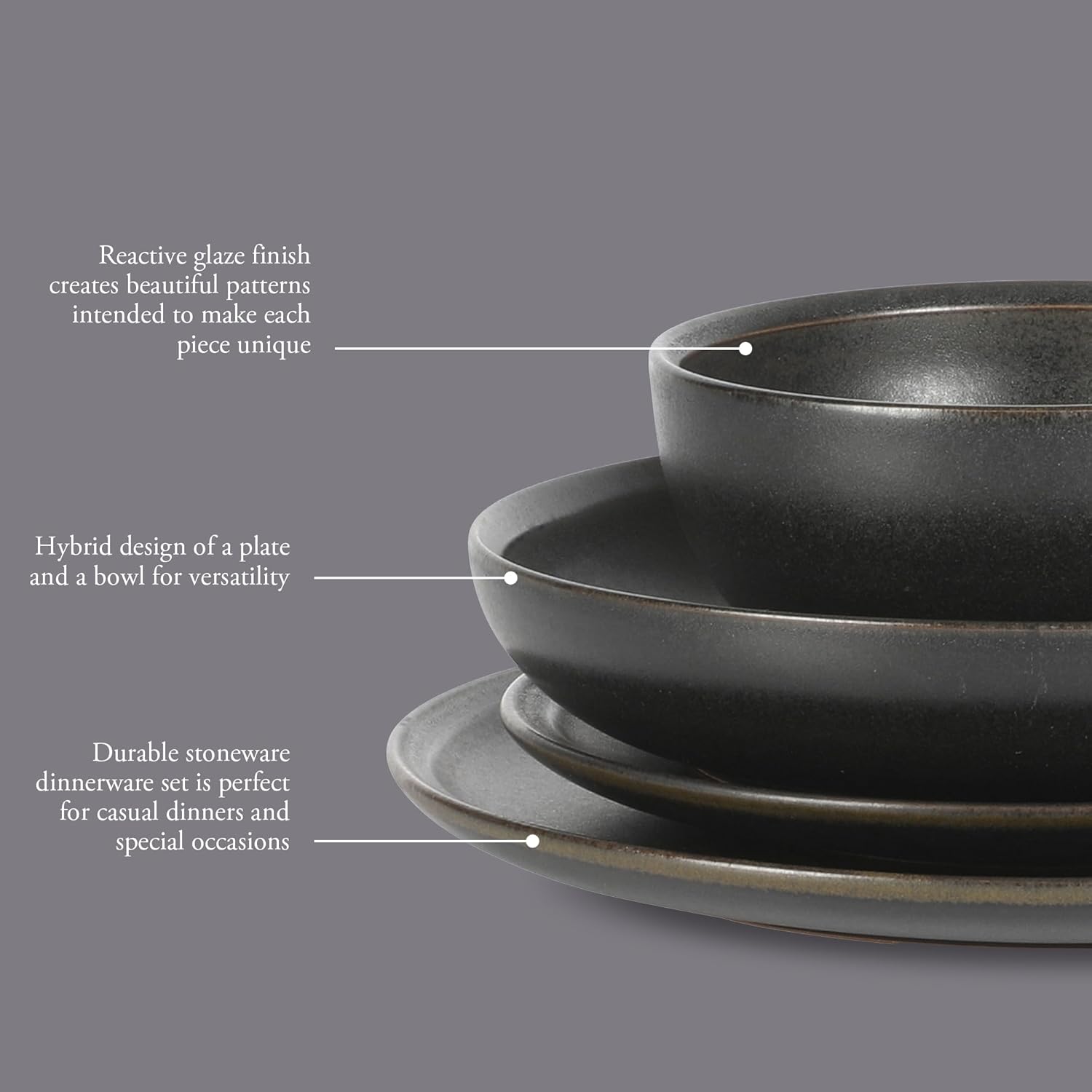 Gibson Elite Beckett Stoneware Matte Reactive Glaze 16 Piece (Service for 4) Plates and Bowls Dinnerware Set - Black