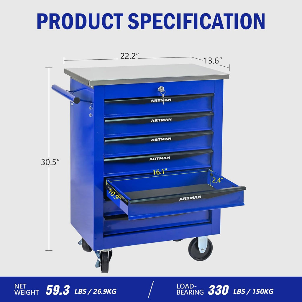 7 Drawers Tool Cart on Wheels with Stainless Steel Worktop, Heavy Duty Mobile Rolling Drawer Tool Chest with Locking Wheels & Lockable Drawers, Garage Tool Storage Cabinet (Blue, 7 Drawers)