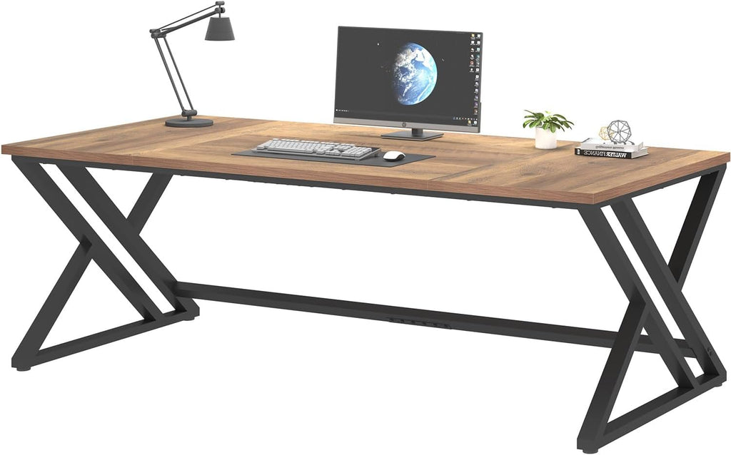 LVB Rustic Large Computer Desk, Extra Long Industrial Home Office Desk, Wood Pc Writing Work Study Computer Table Desk, Farmhouse Workstation Gaming Executive Desk for 2 Person, Rustic Oak, 78.7 Inch