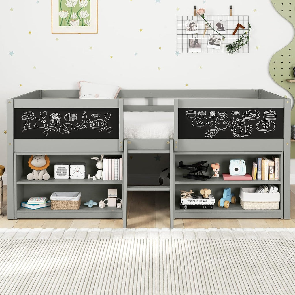 Giantex Low Loft Bed Twin Size, Wooden Loft Bed with Ladder & Blackboard, Twin Bed Frames for Kids with Storage 2 Bookcases and Play Space, Grey