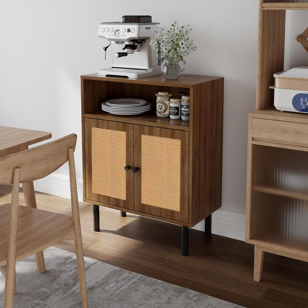 Rattan Storage Cabinet, Boho Accent Cabinet with Double Doors, Small Freestanding Sideboard for Hallway, Laundry Room,Kitchen, Dining Room, Entryway (Walnut)