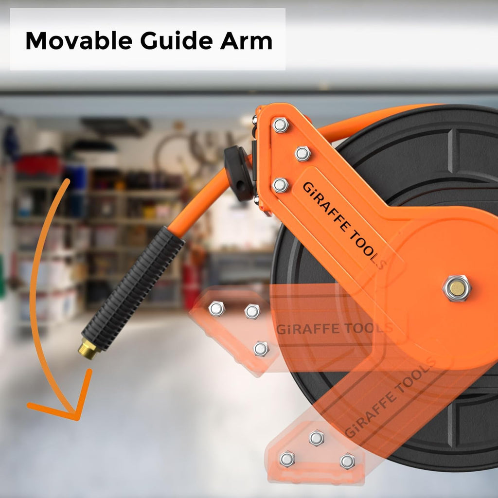 Giraffe Tools Retractable Air Hose Reel, 3/8" Hybrid Hose, Air Compressor Heavy Duty Steel Reel Auto Rewind 300PSI, Wall Mount, 50ft