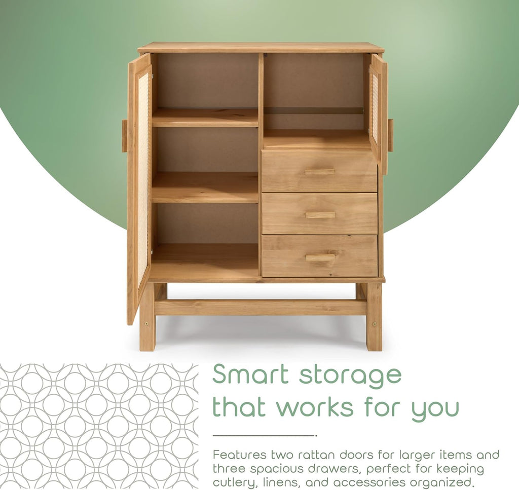 Nature Sideboard with 2 Doors, 3 Drawers & 4 Inner Shelves – Spacious Buffet Cabinet with Woven Rattan Doors – Versatile Storage for Dining or Living Spaces