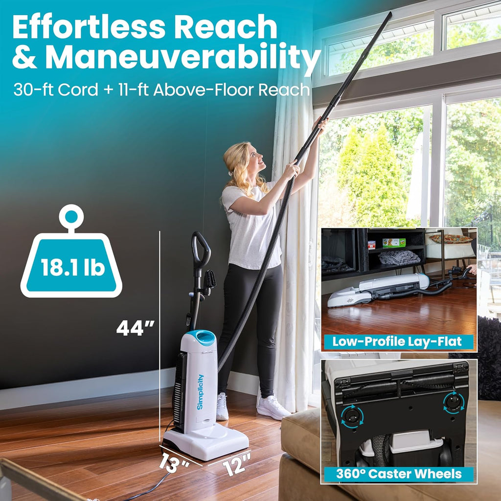 Simplicity Vacuums Premium Allergy Upright Vacuum Cleaner – Multi-Surface Bagged Vacuum Cleaner for Home with Charcoal HEPA Filter Media, Powerful Pet Hair Pickup, Brushroll Activation Switch, S26