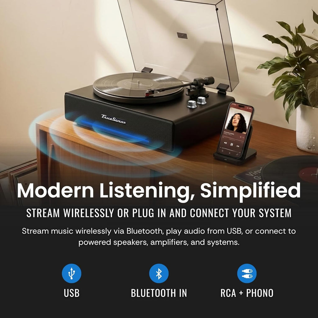 Hi-Fi Record Player with Speakers | Premium Vinyl Turntable with Bluetooth Capability | Built-in 4-Speaker Stereo System for Music Fans  Black Veneer + Silver Trim