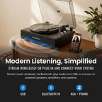 Hi-Fi Record Player with Speakers | Premium Vinyl Turntable with Bluetooth Capability | Built-in 4-Speaker Stereo System for Music Fans  Black Veneer + Silver Trim