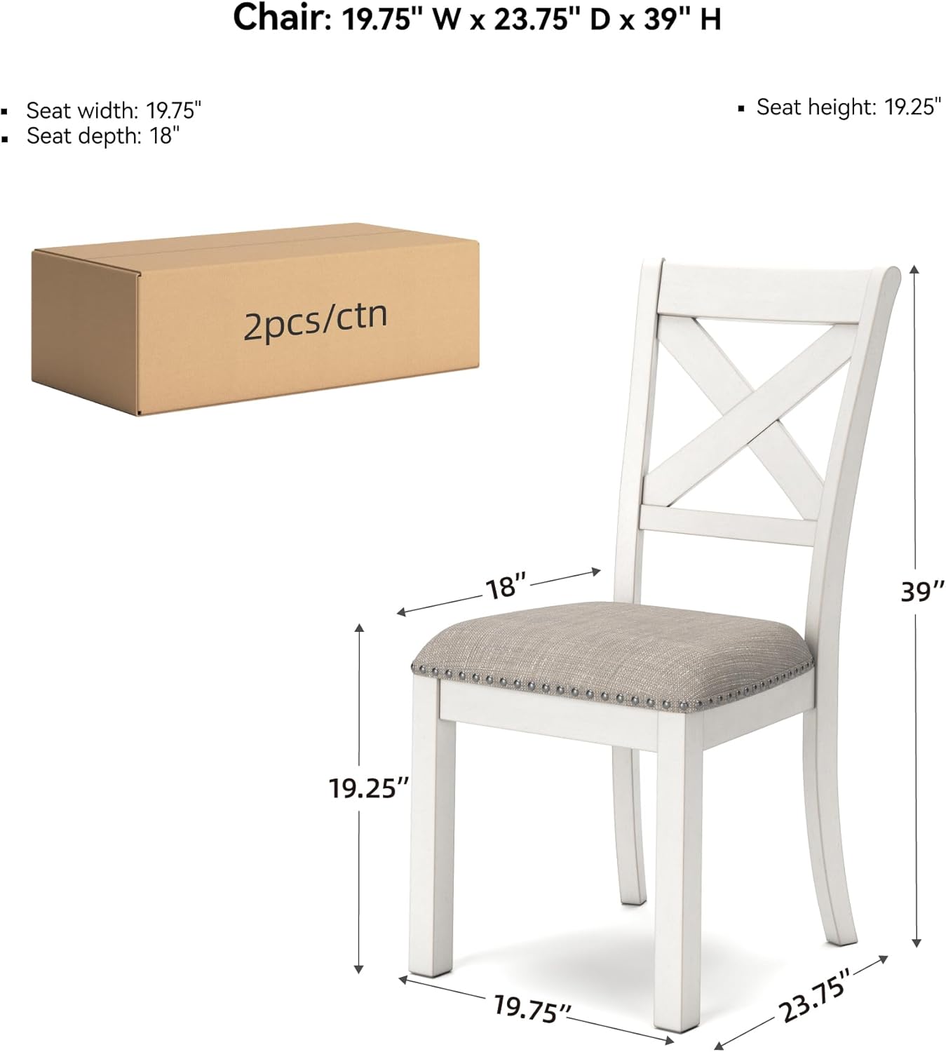 Signature Design by Ashley Robbinsdale Classic Upholstered Dining Chair with Cushion and Nailhead Trim, Set of 2, White & Light Gray