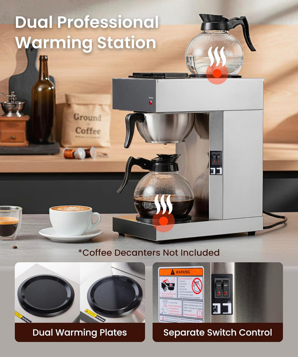SYBO 12 Cup Coffee Maker Commercial, Pour Over Coffee Maker Brewer, Industrial Stainless Steel Cafetera with 2 Warmers