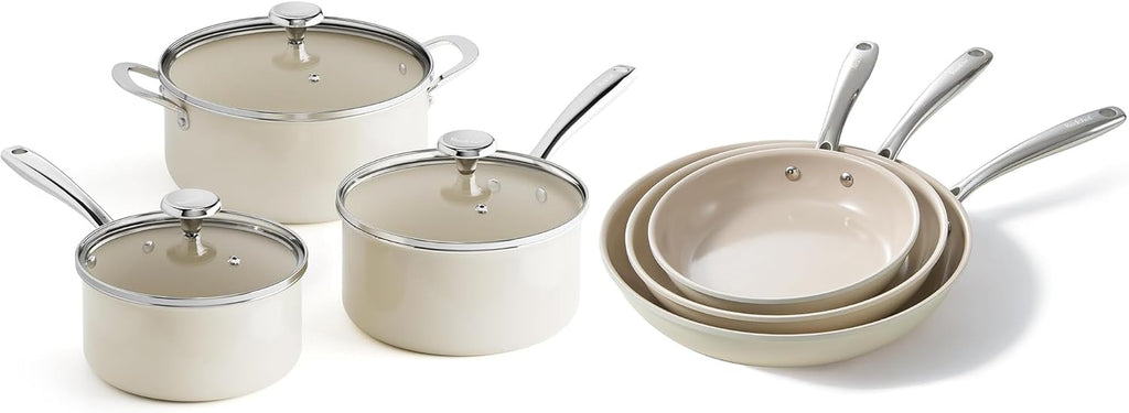 Redchef Cooking Pot Set Induction 5Qt, Saucepan Set 2.5/3.5Qt, 8" 9.5" 11" Ceramic Frying Pan Set, PFAS & PTFE Free with Stay Cool Handle, Dishwasher & Oven Safe(Beige White)