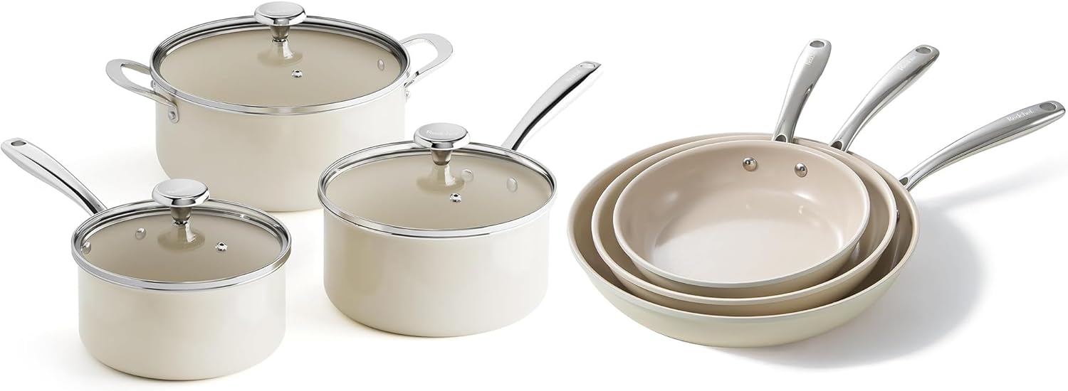 Redchef Cooking Pot Set Induction 5Qt, Saucepan Set 2.5/3.5Qt, 8" 9.5" 11" Ceramic Frying Pan Set, PFAS & PTFE Free with Stay Cool Handle, Dishwasher & Oven Safe(Beige White)