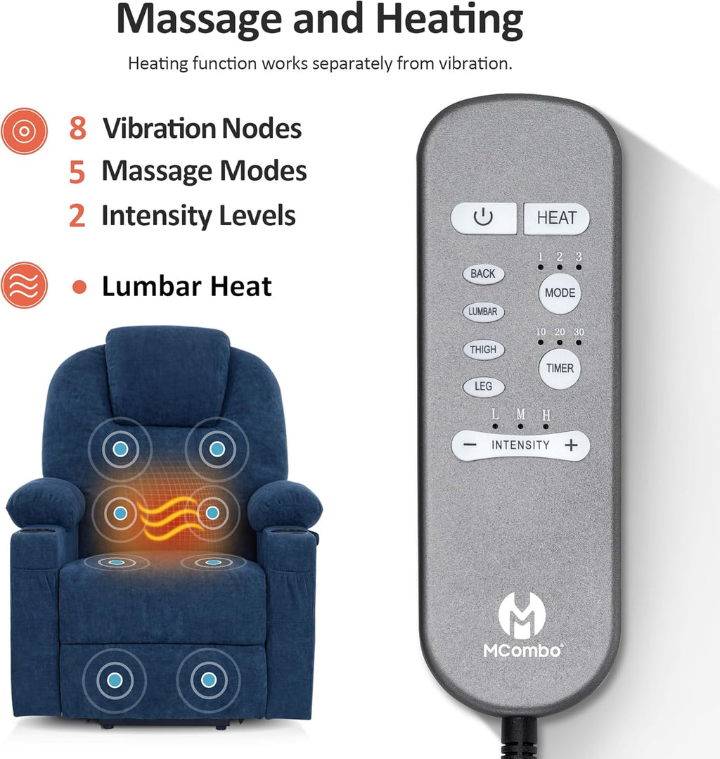 MCombo Power Lift Recliner Chair for Elderly, Lift Chair with Heat and Massage, USB&Type C Ports, Extended Footrest, Cup Holders, Fabric 7040 (Medium, Admiral)