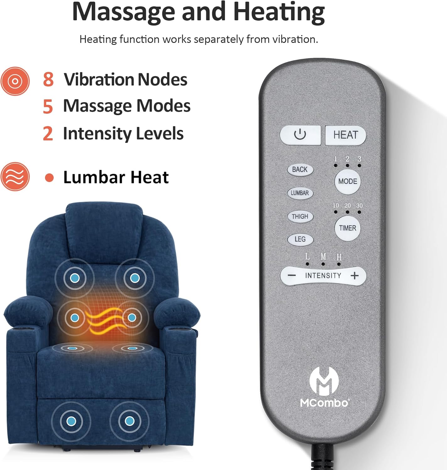 MCombo Power Lift Recliner Chair for Elderly, Lift Chair with Heat and Massage, USB&Type C Ports, Extended Footrest, Cup Holders, Fabric 7040 (Medium, Admiral)