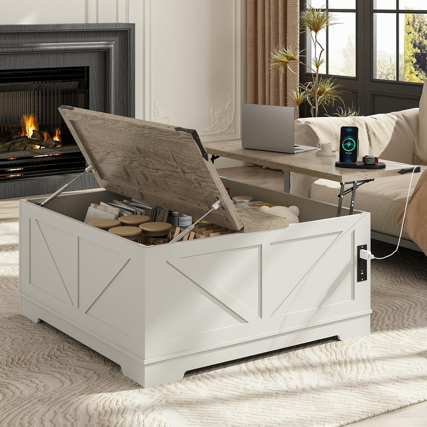 EAG 40" Large Farmhouse Lift Top Coffee Table with Hidden Compartment & Power Outlets, Square Wooden Coffee Table with Multi-Function Flip-Top Ample Storage Center Table for Living Room, White