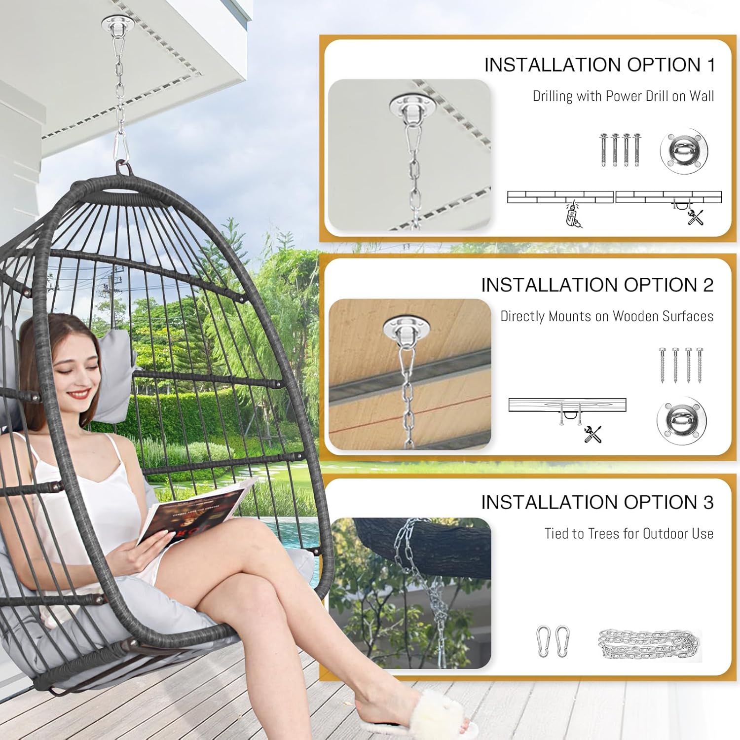 BULEXYARD Hanging Egg Chair Without Stand, 350 Lbs Foldable Wicker Rattan Swing Chair with Comfy Cushion, Outdoor Relaxing Hammock for Bedroom Patio Backyard Balcony Ceiling Tree Mount, Light Grey