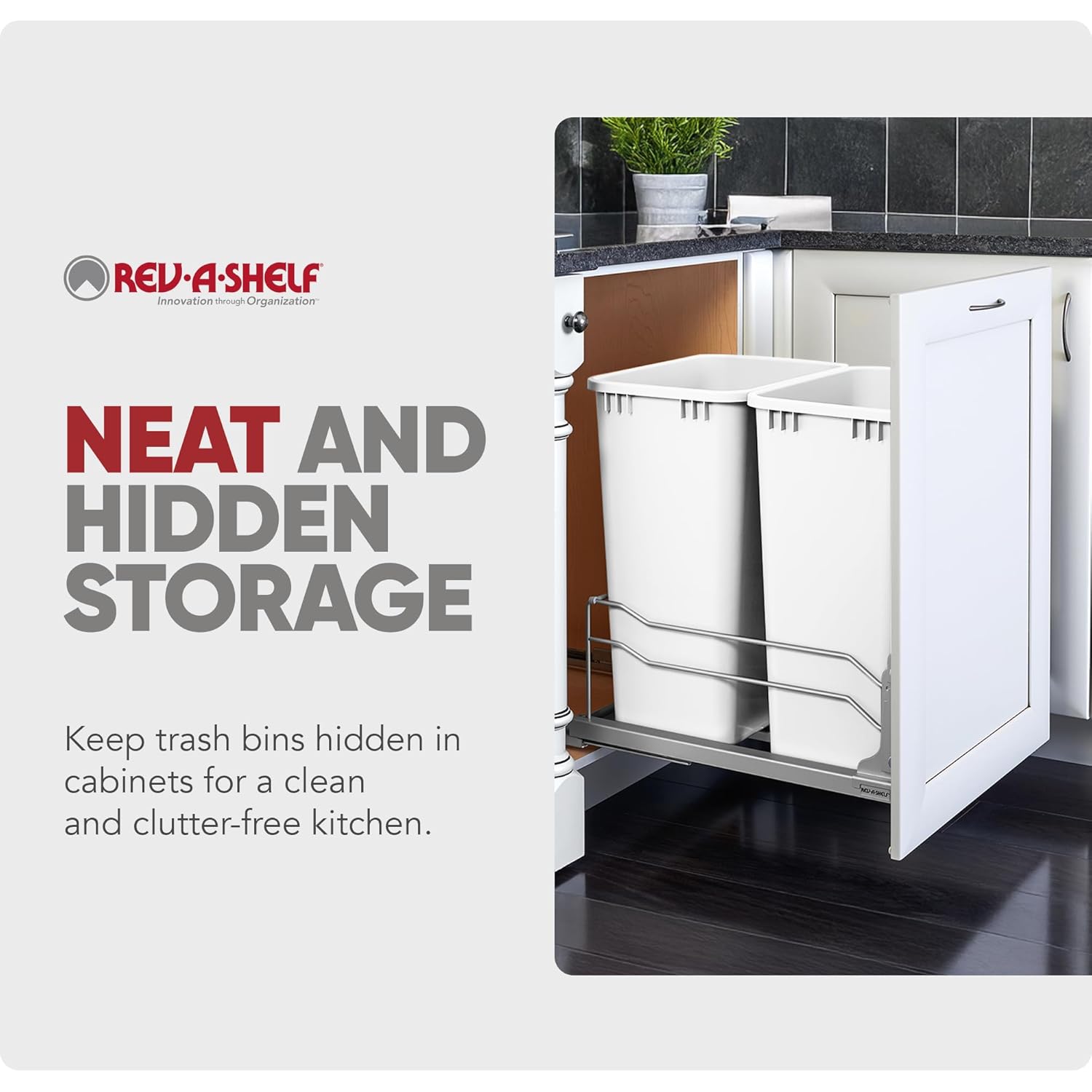 Rev-A-Shelf Double Pullout Trash Cans for Full Height Kitchen Cabinets 50 Quart 12.5 Gallon with Soft-Close Slides, White, 53WC-2150SCDM-211