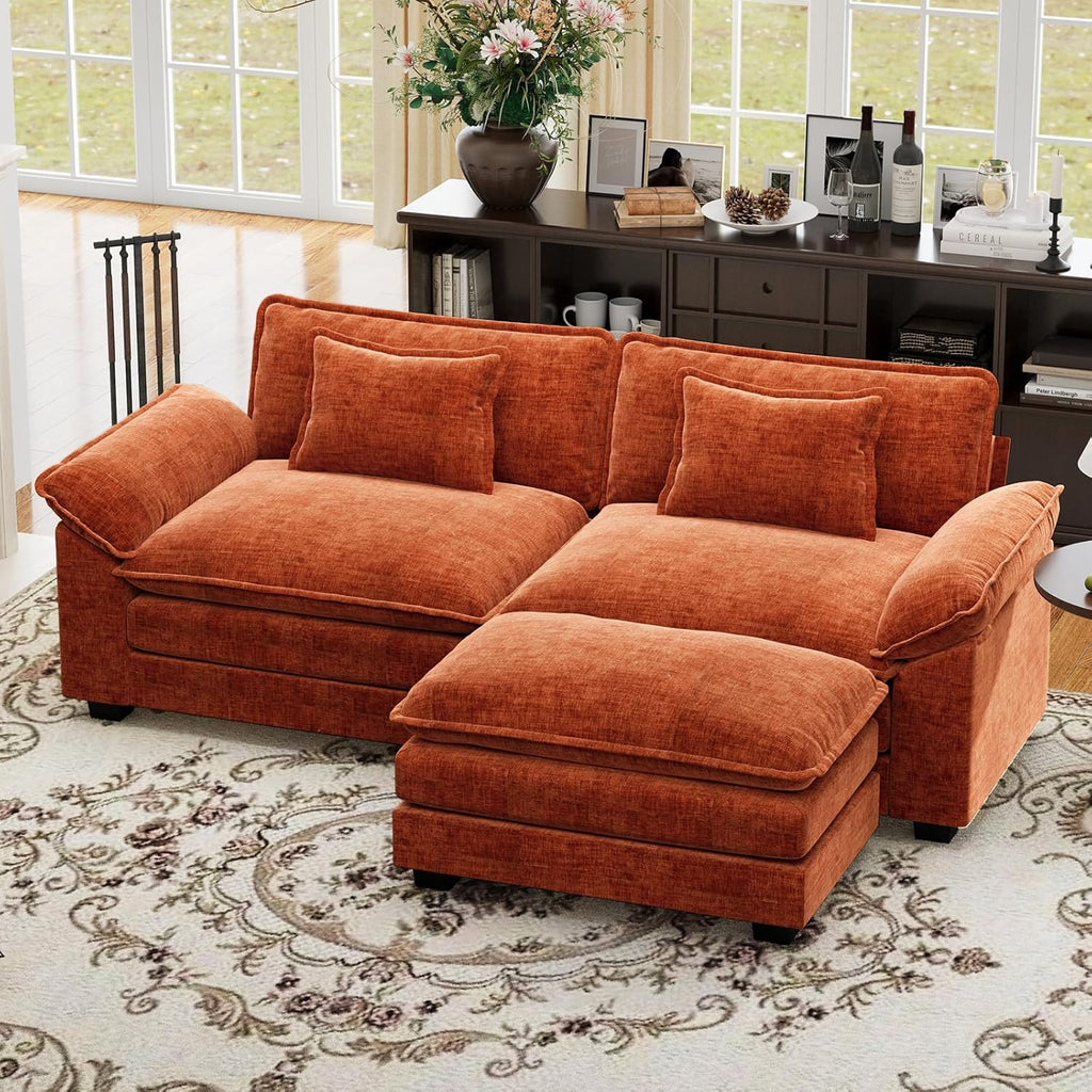 CDCASA 86" Modular Sectional Sofa, Comfy L-Shaped Cloud Couch with Movable Ottoman, 3-Seater Chenille Deep Seat Modern Sofa Couch for Living Room, Terracotta Orange