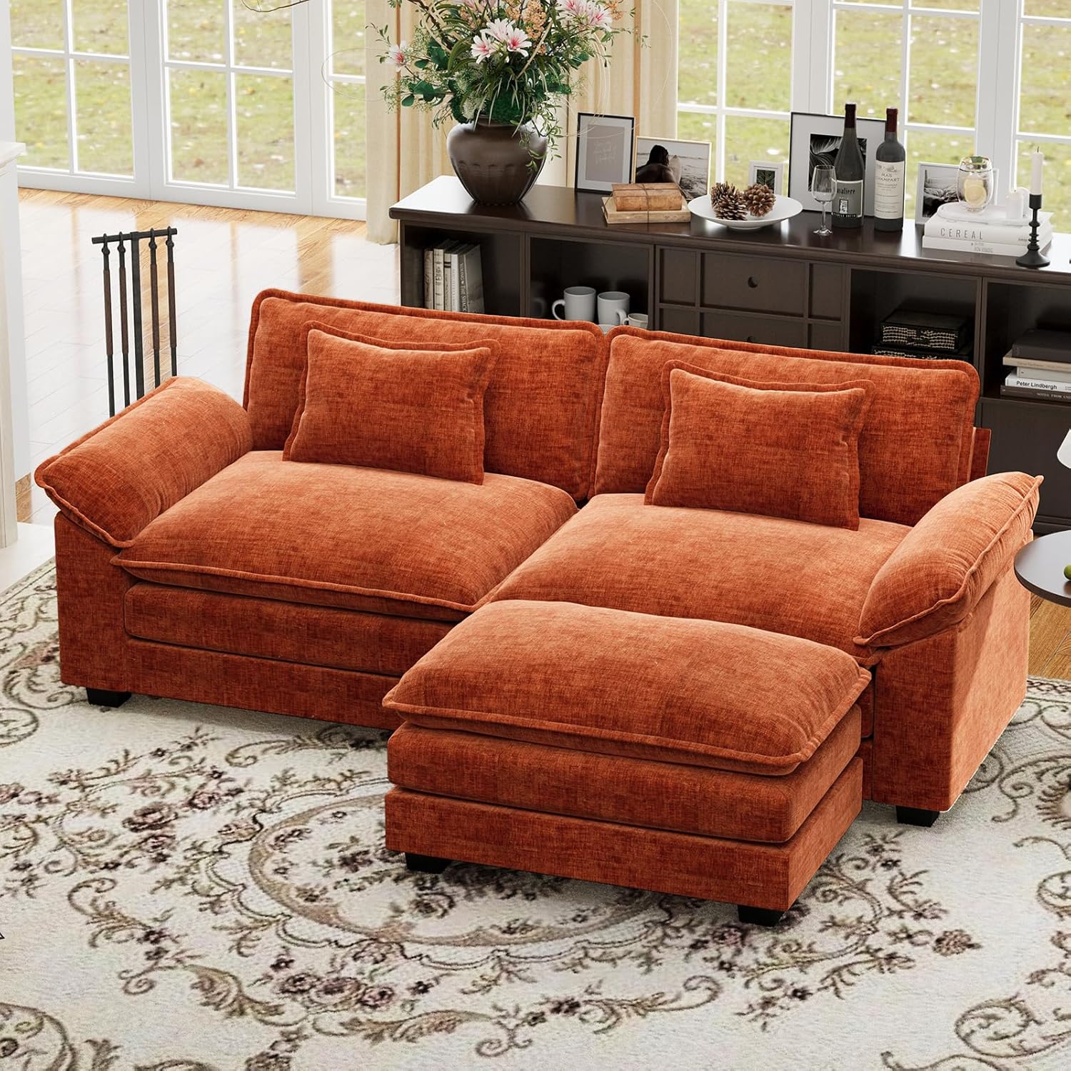 CDCASA 86" Modular Sectional Sofa, Comfy L-Shaped Cloud Couch with Movable Ottoman, 3-Seater Chenille Deep Seat Modern Sofa Couch for Living Room, Terracotta Orange