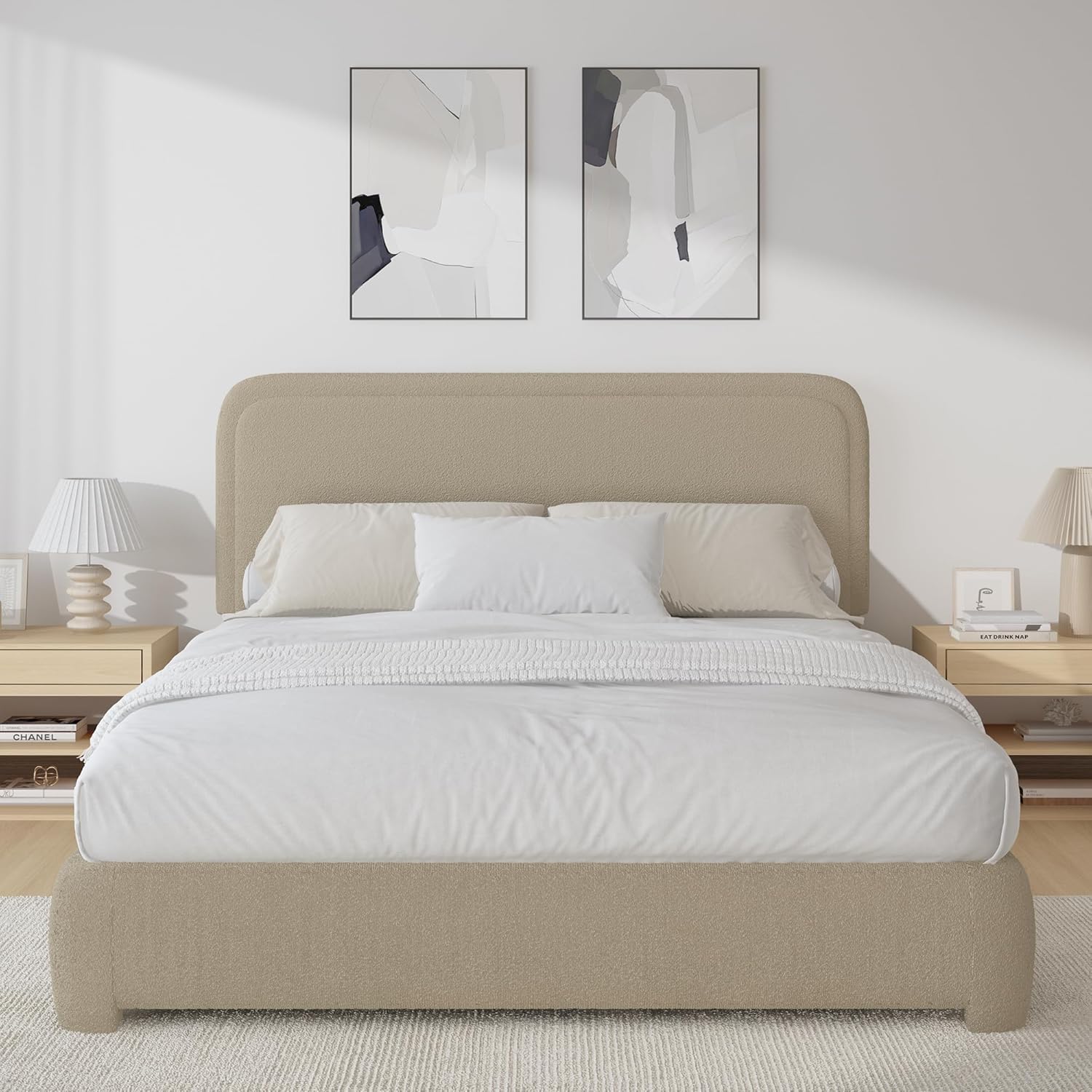 BarnFurin Queen Bed Frame with Headboard, Boucle Upholstered Platform Bed Frame, Luxurious Soft Rounded Corners, No Box Spring Required, Non-Slip and Noise-Free, Easy Assembly, Beige
