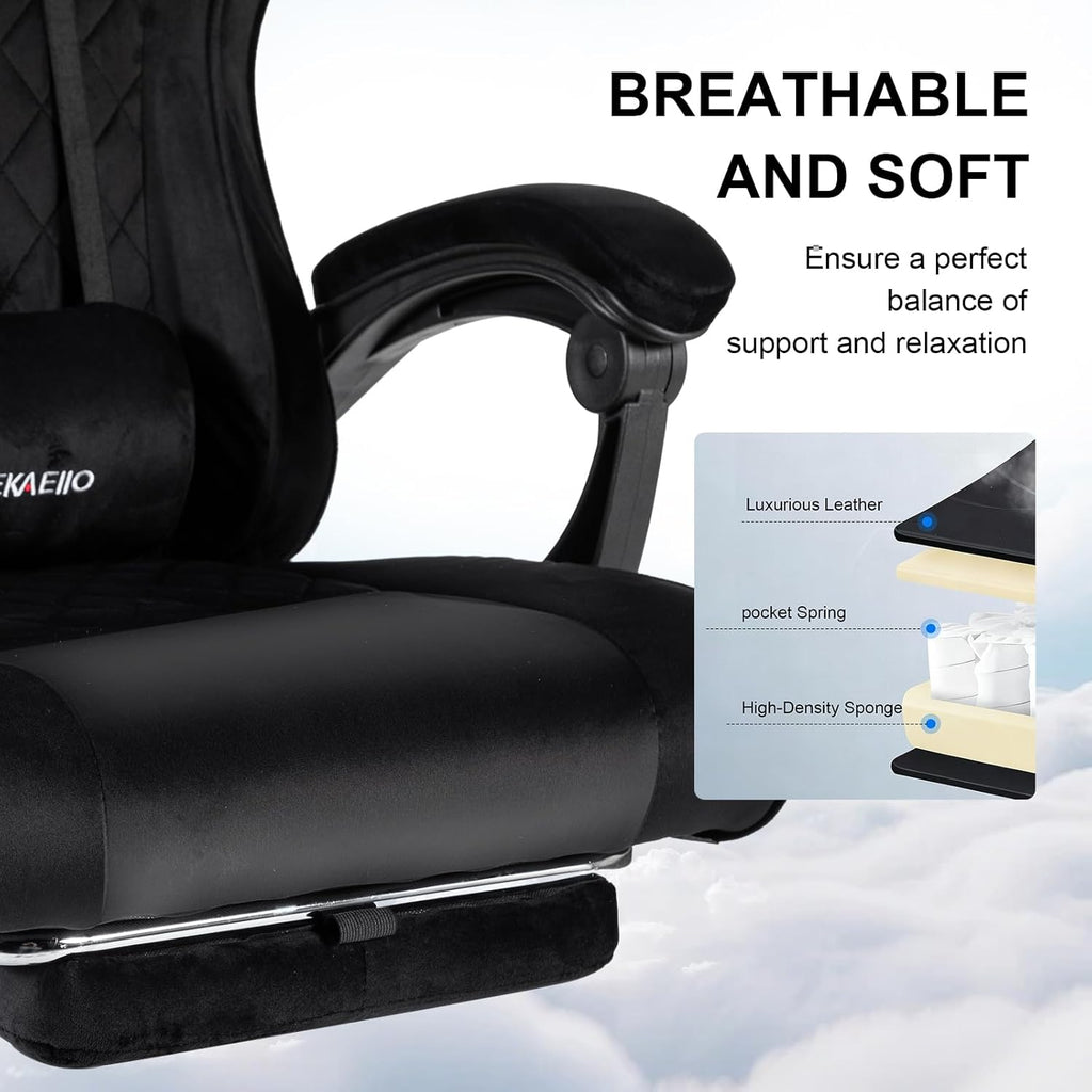Velvet Gaming Chair for Adults with Pocket Spring Cushion Seat,Soft Gaming Chair Fabric with Extendable Footrest, Swivel Recliner with Ergonomic Lumbar Support and Headrest for Home/Office(Black)