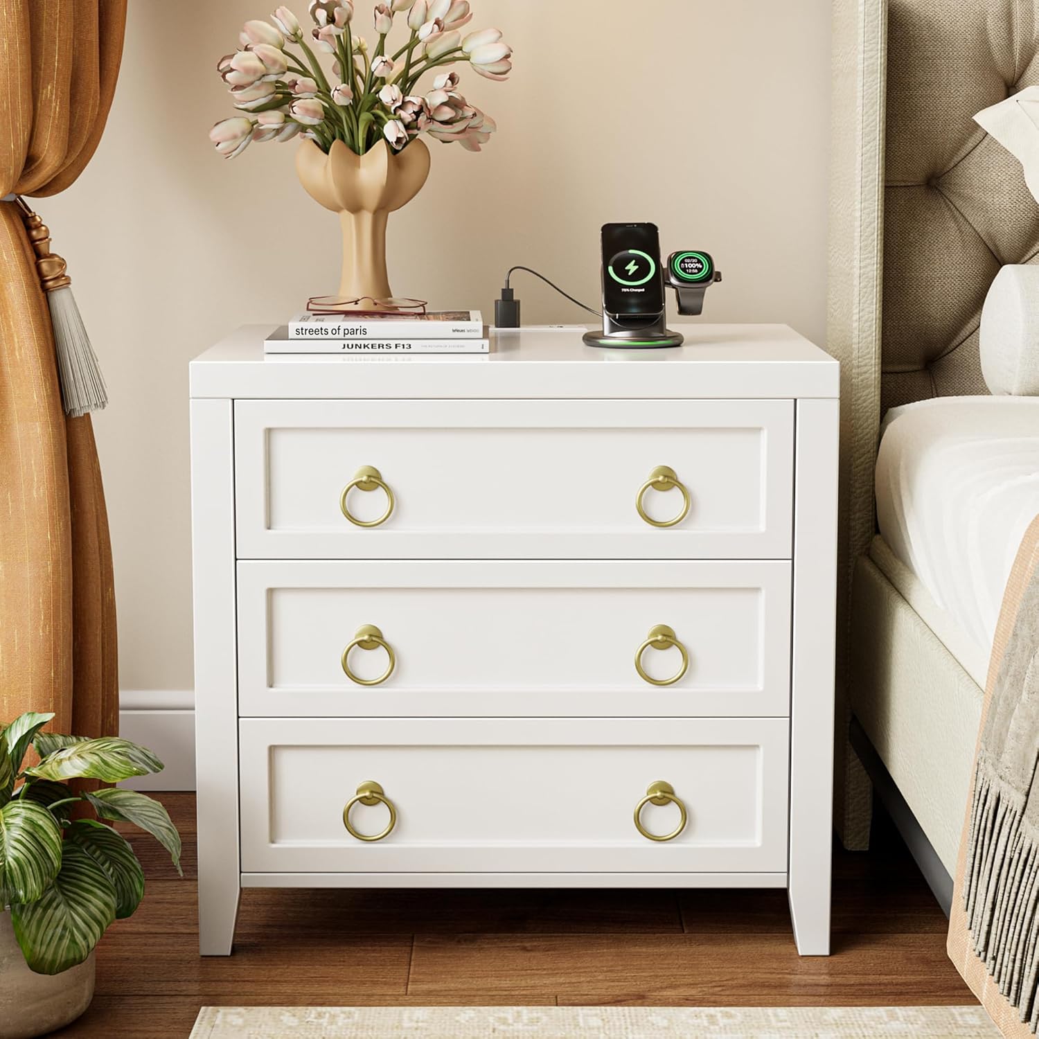 Huuger Paint Night Stand with Charger Station and USB-C Port, 3 Drawer Nightstands Set of 2, Larger Wider Bedside Table, Modern End Table, for Bedroom, White Nightstand