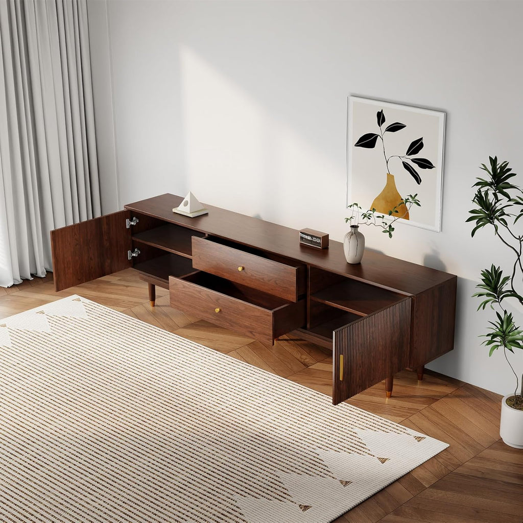 Mid Century Modern TV Stand for 75 inch TV, 66.9" Walnut TV Console with 2 Storage Cabinet & 2 Drawers, Entertainment Center, Media Console for Living Room/Bedroom