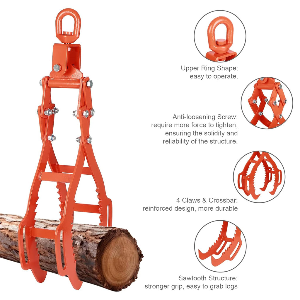 36 Inch Log Lifting Tongs, Heavy Duty Steel Swivel Dragging Tongs, 4 Claw Log Grabber Hook with Operating Handle, 3306LBS Capacity Upgraded Timber Claw Hook for Tractor ATVs Trucks Accessories