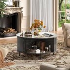 Round Coffee Table, 31.5" Fluted Center Table with Storage, Lift-Top Coffee Table with Adjustable Footpads, Sliding Door, Mid-Century Modern Center Table for Living Room, Small Space (Grey)
