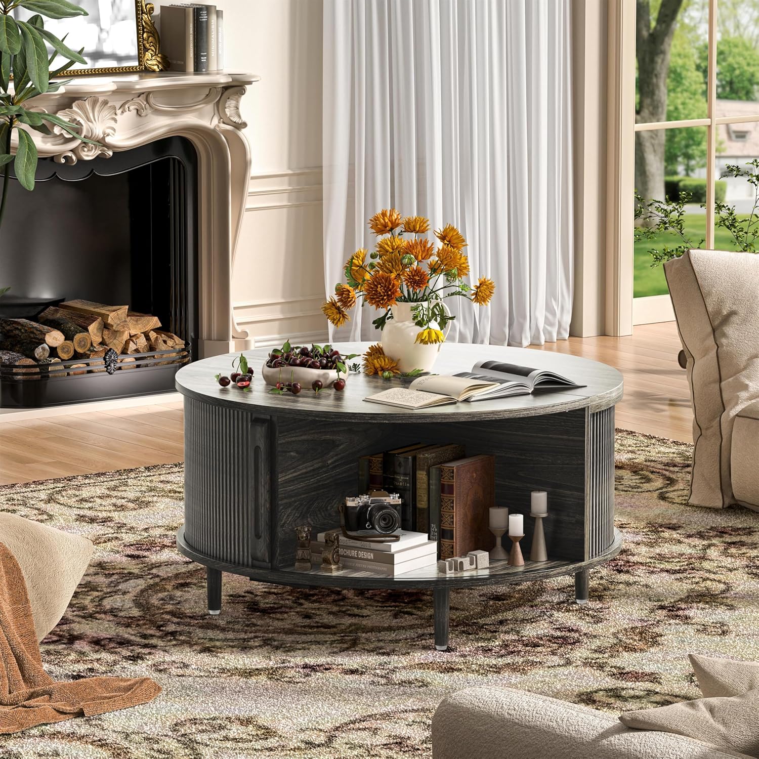 Round Coffee Table, 31.5" Fluted Center Table with Storage, Lift-Top Coffee Table with Adjustable Footpads, Sliding Door, Mid-Century Modern Center Table for Living Room, Small Space (Grey)