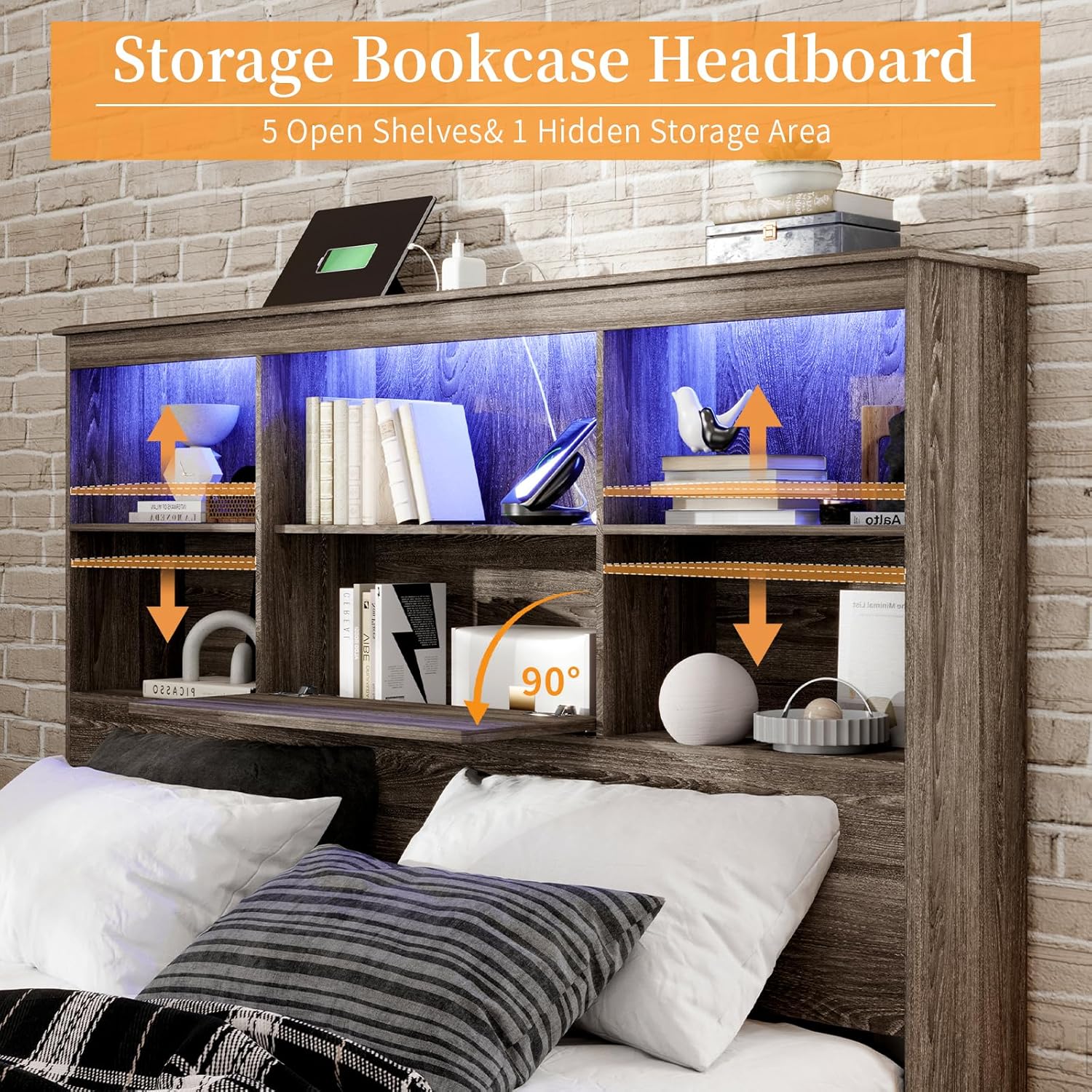 Queen Size Bed Frame with LED Bookcase Headboard, Wooden Storage Bed with Charging Station & 4 Drawers, No Box Spring Needed/Noise-Free/Rustic Grey