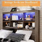 Queen Size Bed Frame with LED Bookcase Headboard, Wooden Storage Bed with Charging Station & 4 Drawers, No Box Spring Needed/Noise-Free/Rustic Grey