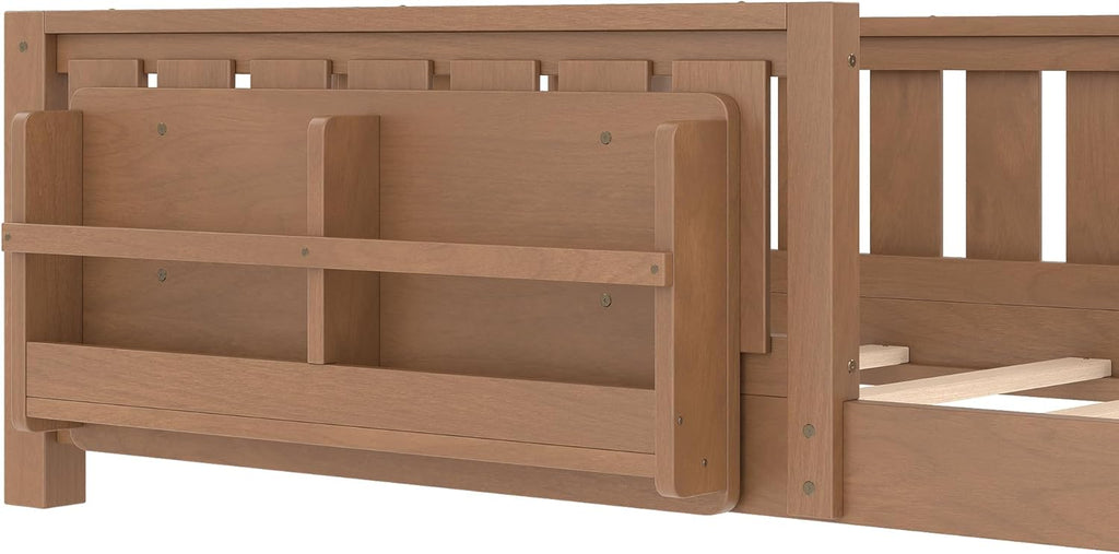 Bellemave Natural Montessori Floor Bed with Fence and Slats, Twin Size Montessori Floor Bed with Bookcase and High Rails, Easy Assemble Bed Frame for Girls, Boys, Twin