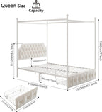 Keyluv Queen Upholstered Canopy Bed Frame with 2 Drawers and Button Tufted Headboard, Metal Platform Bed with 4 Removable Posts Two-Purpose Velvet Bed No Box Spring Needed, Beige/Curtains Not Included