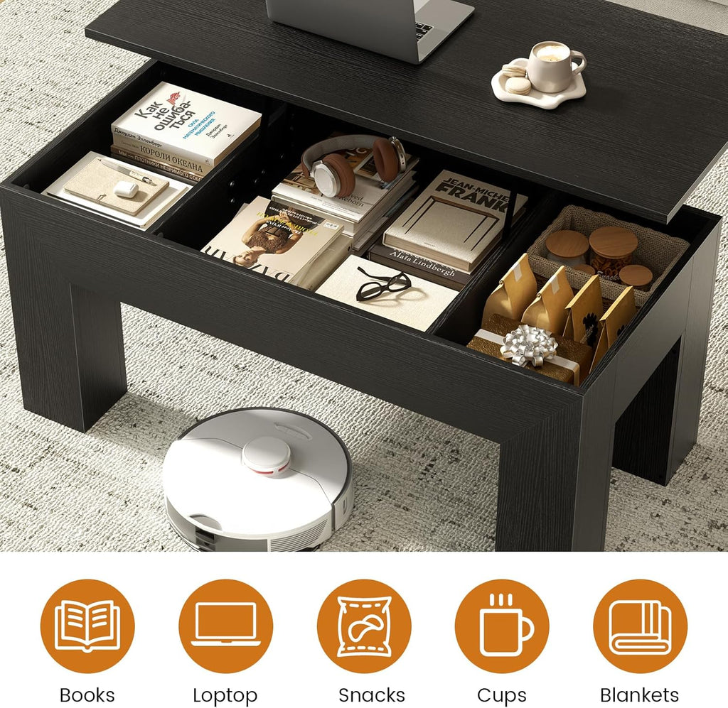 FABATO 41.7'' Lift Top Coffee Table, Wooden Rectangle Coffee Table with Hidden Storage, Large Center Table Adjustable Height Sofa Table for Living Room Office Apartment, Black