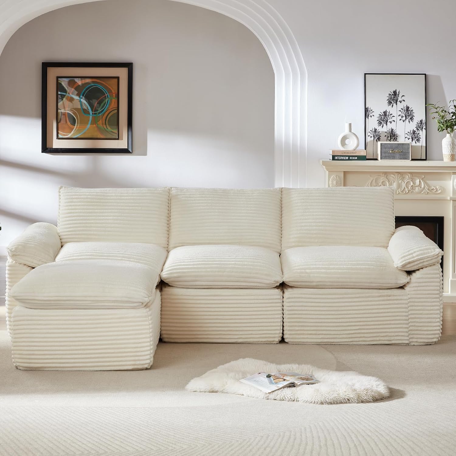 113.03" Sectional Couches for Living Room Modern Modular Sofa with L-Shape Couchs Upholstered Corduroy Boneless Couch Deep Seat Cloud Couch with Ottoman, No Assembly Required, White