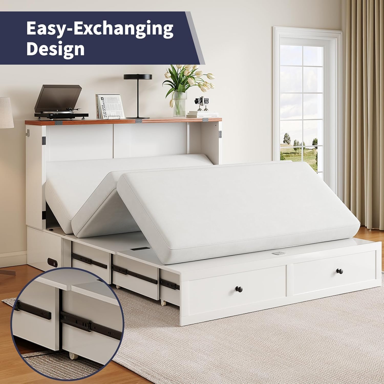 ijuicy Queen Murphy Bed with Mattress Included, Farmhouse Cabinet Bed with Storage Drawer & Charging Station, Foldable Space-Saving Murphy Beds for Guest Bedroom, Living Room (White & Brown)