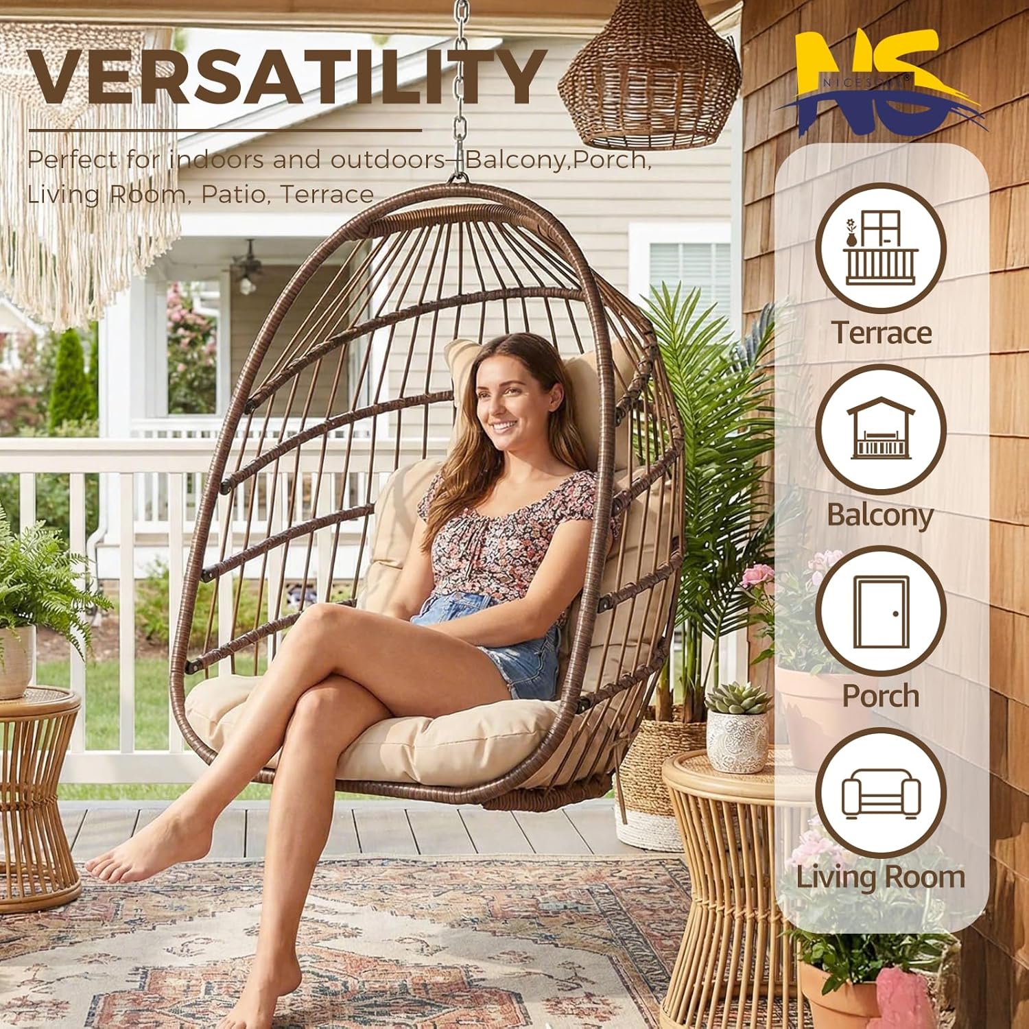 NICESOUL Egg Chair Without Stand Outdoor Indoor, Patio Wicker Swing Hanging Egg Basket Chairs No Stand, All Weather 350lbs Capacity Tree/Ceiling Chair for Outside Balcony Bedroom Xmas Gift, Brown