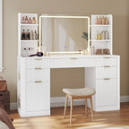 51.2" Fluted Makeup Vanity Desk with Large 30.3" Mirror and Lights, 5 Drawer Vanity with Power Strip, 6 Open Shelves, 2 Cabinet .Modern Dressing Table with Solid Wood Legs for Bedroom, White