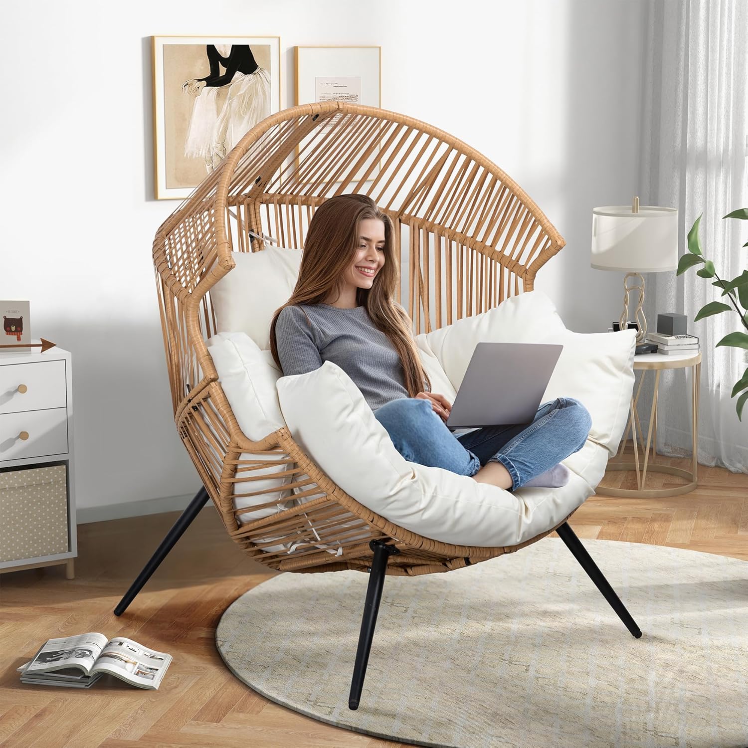 Shintenchi Wicker Egg Chair Outdoor Rattan Patio Chair with Cushion Oversized Patio Lounge Chairs with Cushion Egg Basket Chair  Egg Seat for Indoor Living Room Bedroom Outside Patio Backyard Balcony