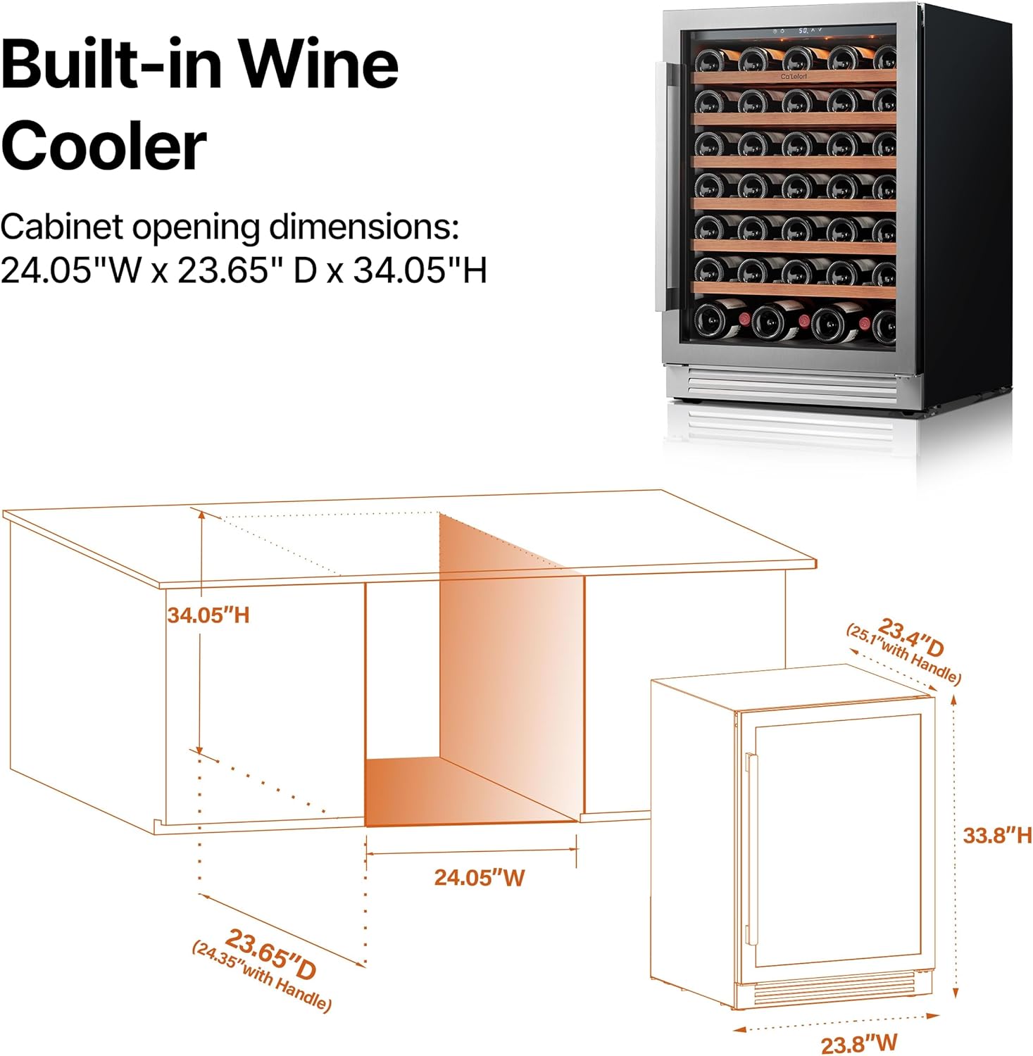 Ca'Lefort 24 Inch Wine Fridge, 61 Bottle Wine Cooler Refrigerator, 40-65°F Wine Refrigerator Glass Door, 3 LED Wine Fridge, Built-in or Freestanding Fridge for Home/Bar/Kitchen (5.65 cu.ft)