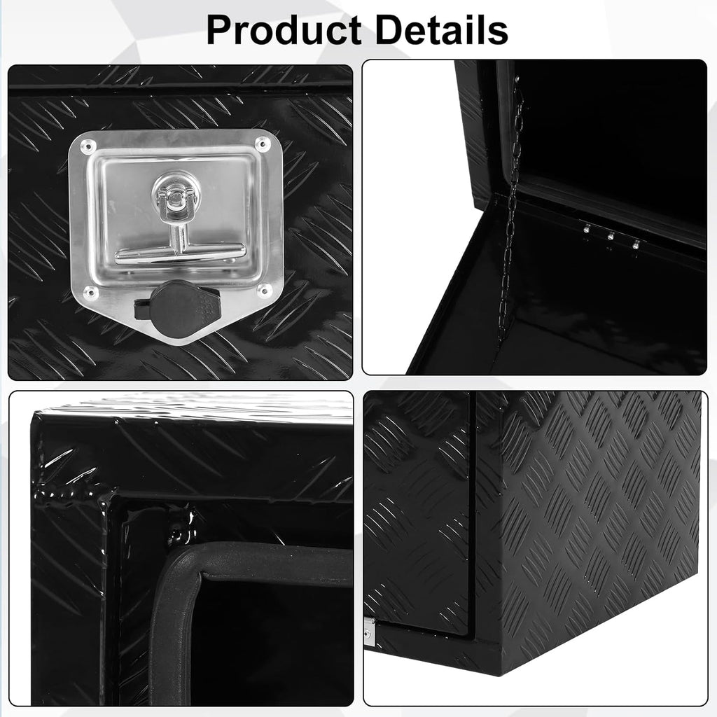 confote 24"x 24"x 24" Heavy Duty Aluminum Stripes Plated Tool Box Underbody Truck Box Pick Up Truck Bed RV Trailer Toolbox Waterproof Square Storage Organizer with Lock and Keys-Black
