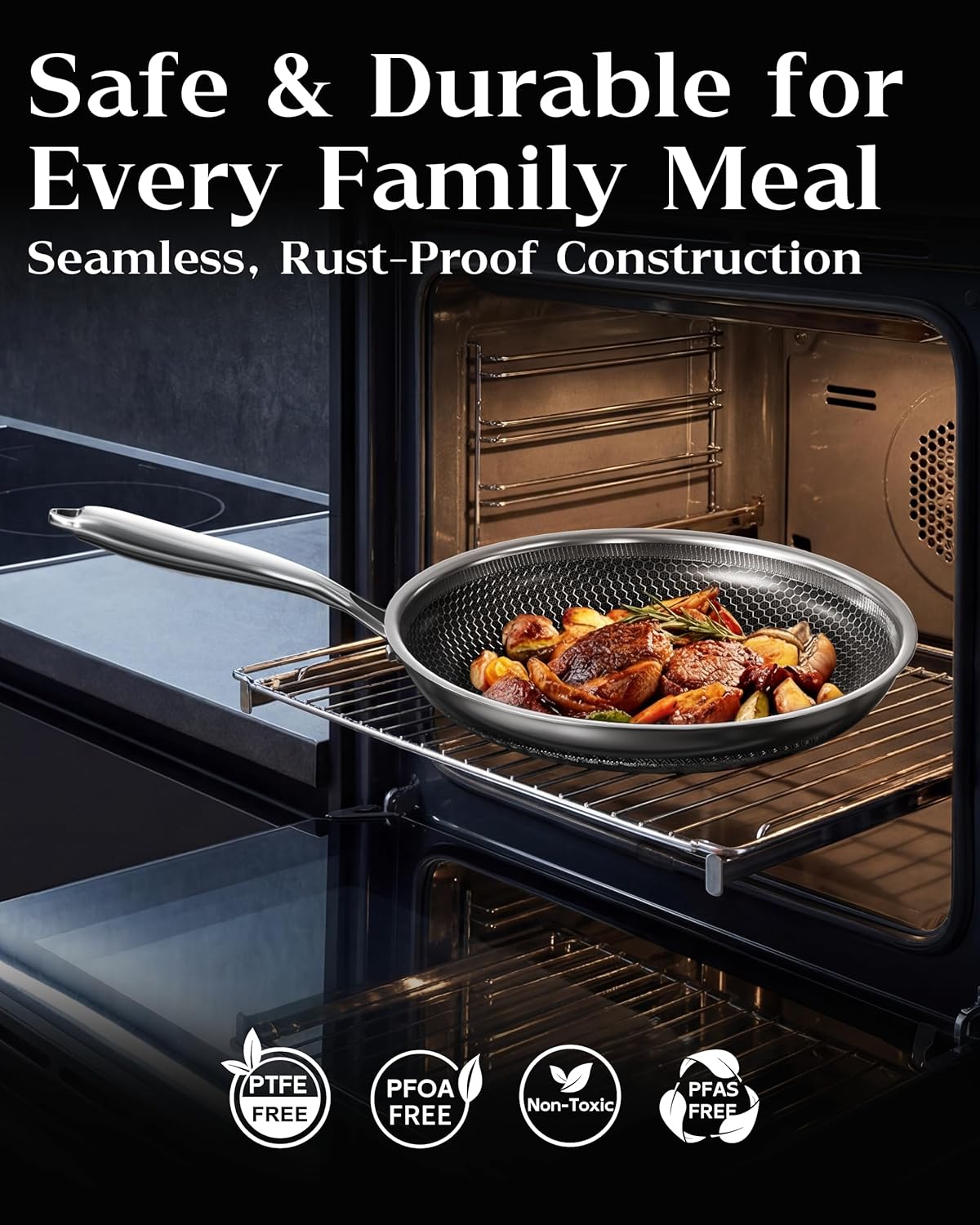 Nonstick Frying Pan with Lid 10-Inch, Durable Stainless Steel Skillet, Induction Cooktop Compatible, PFOA-Free Scratch-Proof, Dishwasher & Oven Safe, Stay-Cool Handle, Silver Kitchen Cookware